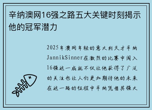 辛纳澳网16强之路五大关键时刻揭示他的冠军潜力
